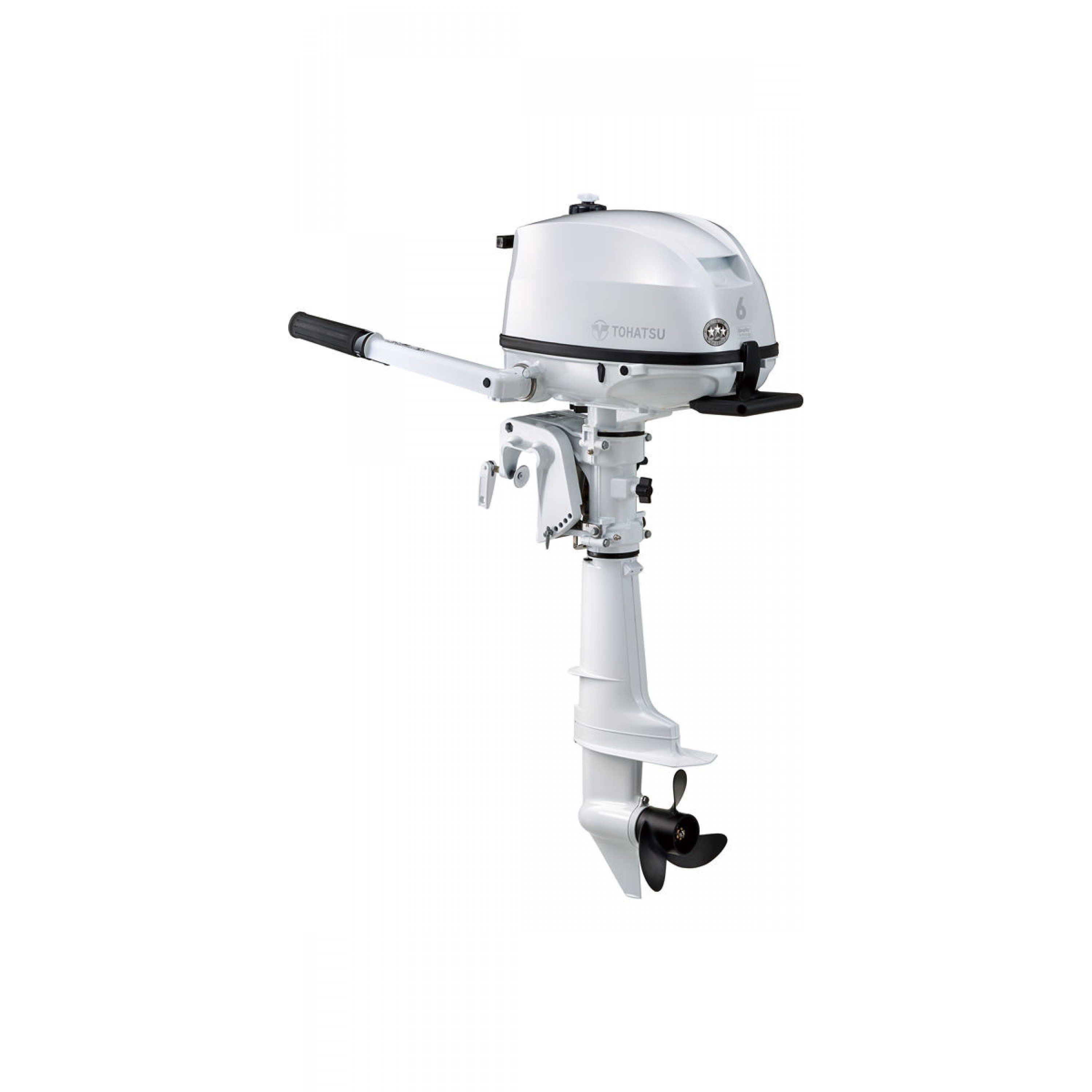 6 HP, TOHATSU OUTBOARD, MFS6DWDS, WHITE, CARB, 15IN, TILLER, INTEGRAL FUEL TANK, MANUAL START,