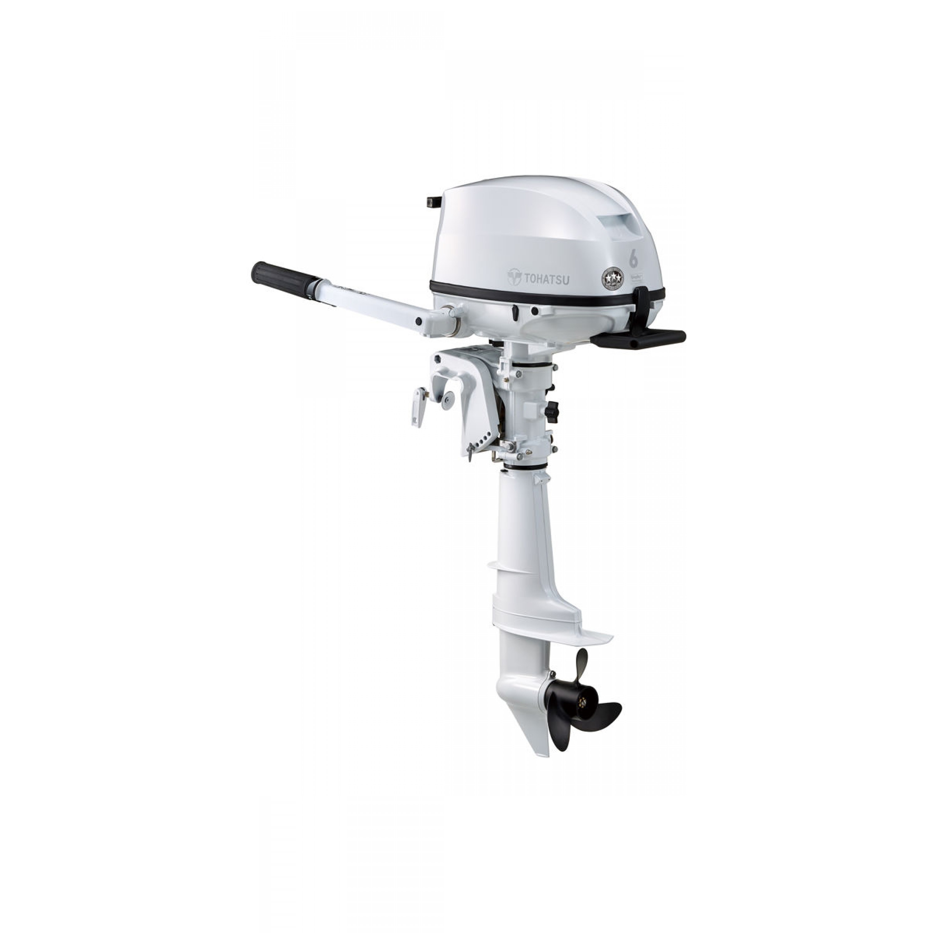 6 HP, TOHATSU OUTBOARD, MFS6DWSPROUL, WHITE, CARB, 25IN, TILLER, FUEL TANK INC, MANUAL START, 12V RECHARGE
